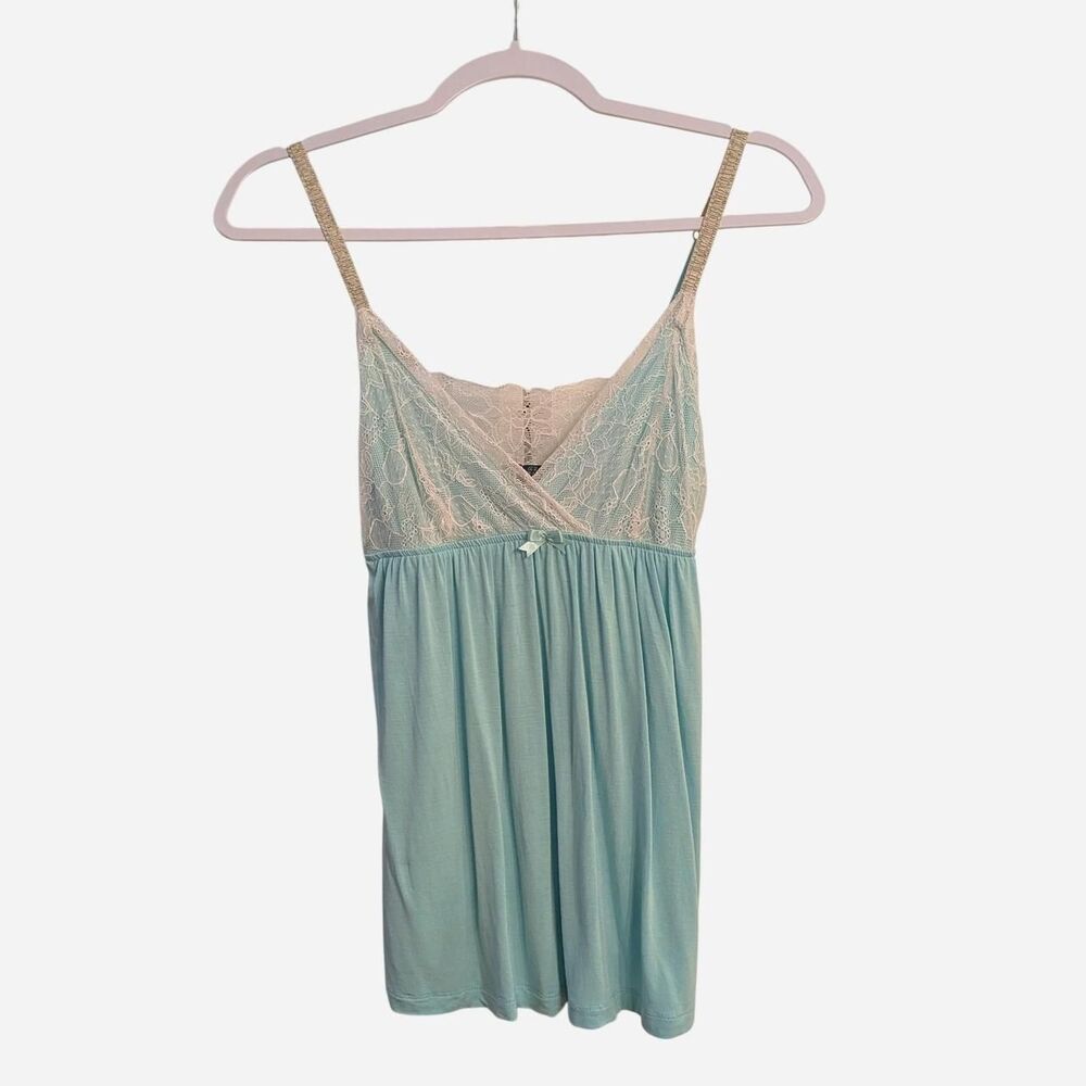 Blue Lace Babydoll Cami With White Lace Trim And Bow